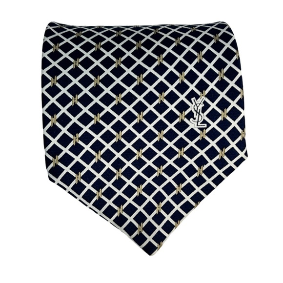 Yves Saint Laurent Paris Luxury Silk Necktie Tie Vintage Monogrammed Window Pane - Picture 4 of 14